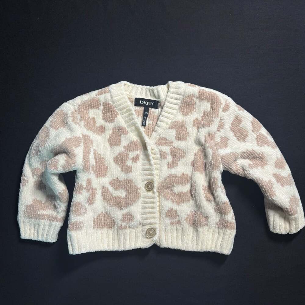 DKNY Leopard Print Cardigan Size 12M Beige White Baby Sweater